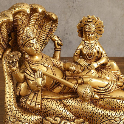Pure Brass Vishnu Lakshmi Narayan Resting on Sheshanaaga Idol - 7 Inch - Budhshiv.com