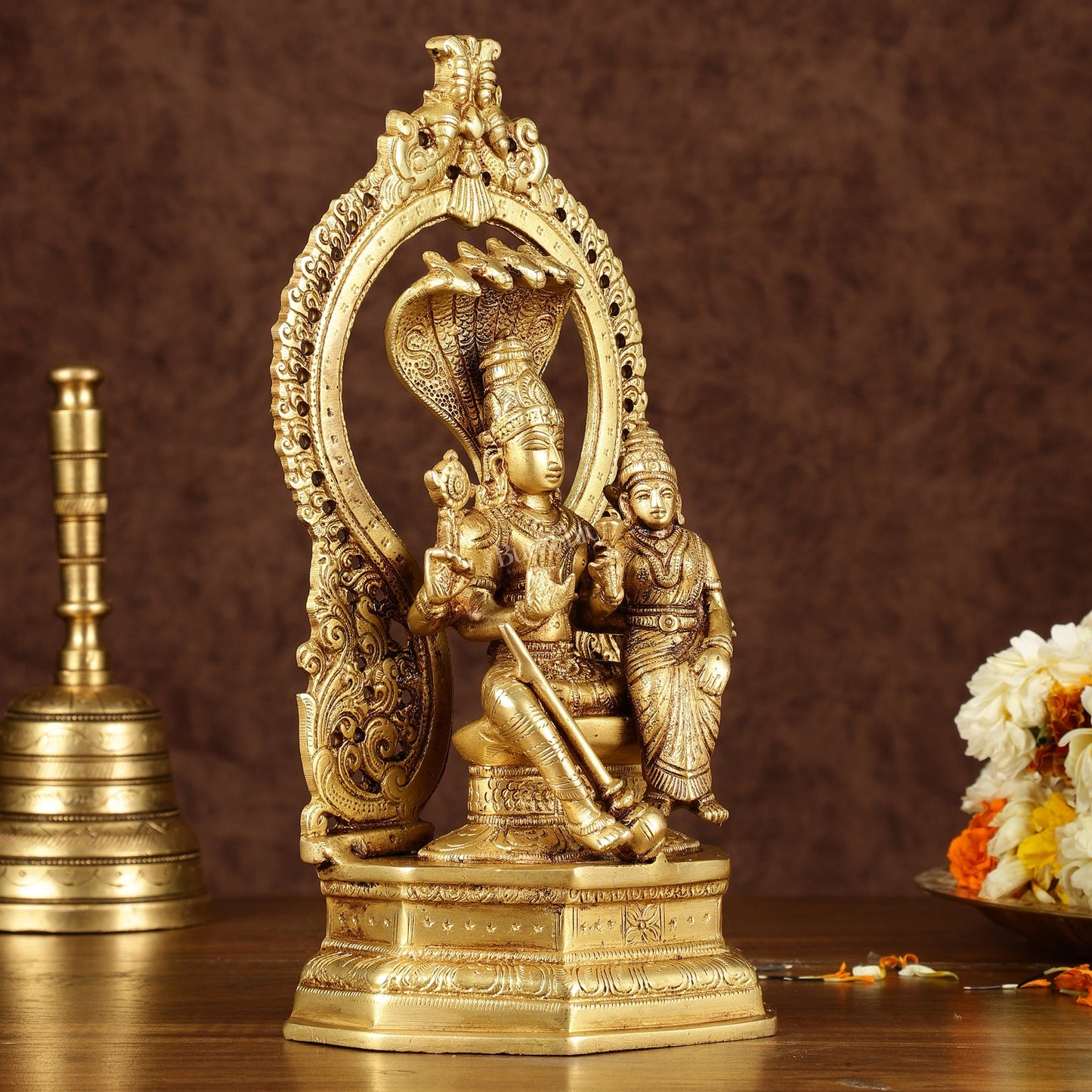 Pure Brass Vishnu Lakshmi Seated on Sheshanaaga Idol 10 inch - Budhshiv.com