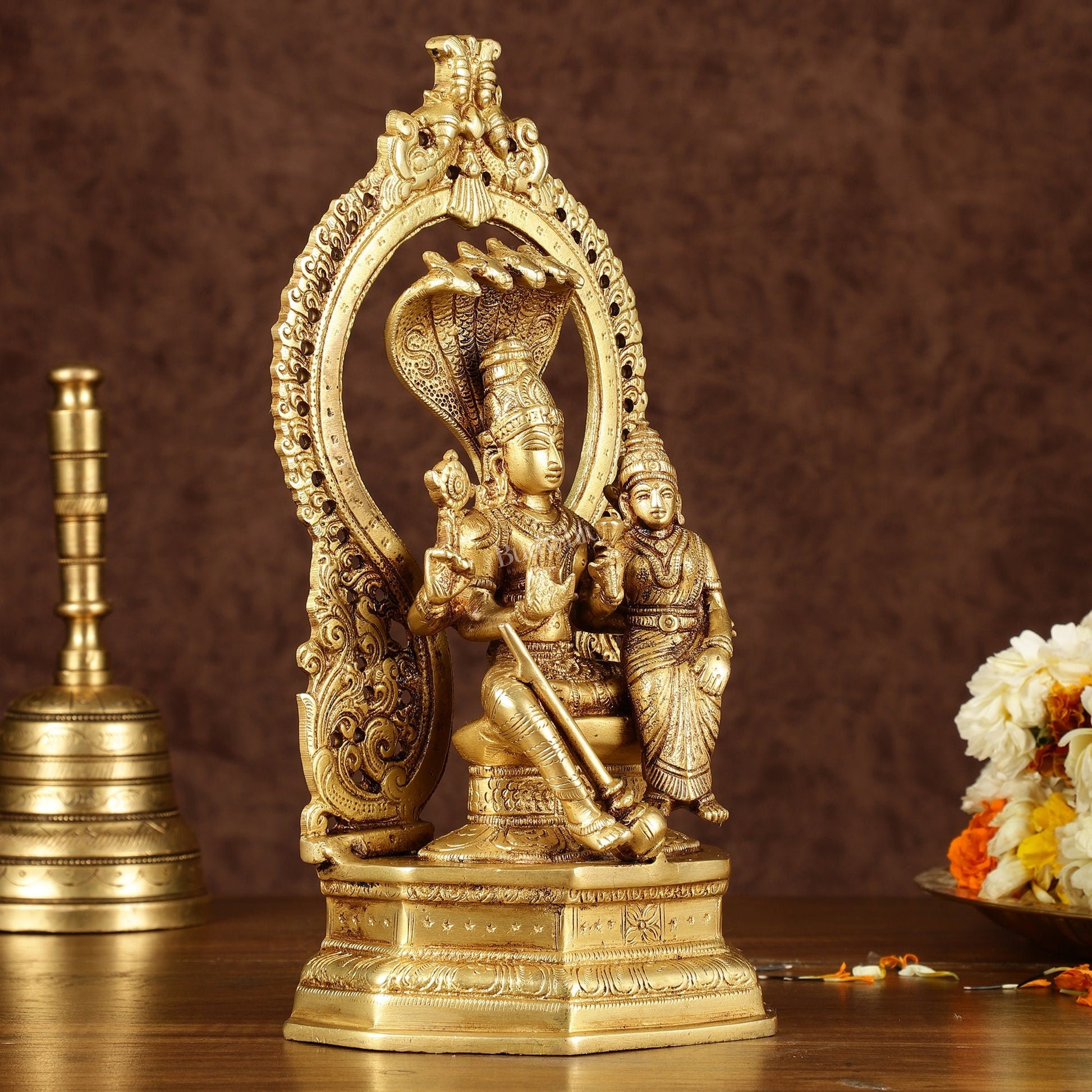 Pure Brass Vishnu Lakshmi Seated on Sheshanaaga Idol 10 inch - Budhshiv.com