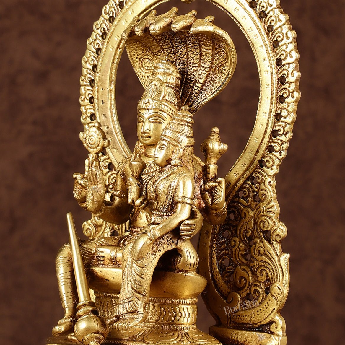 Pure Brass Vishnu Lakshmi Seated on Sheshanaaga Idol 10 inch - Budhshiv.com