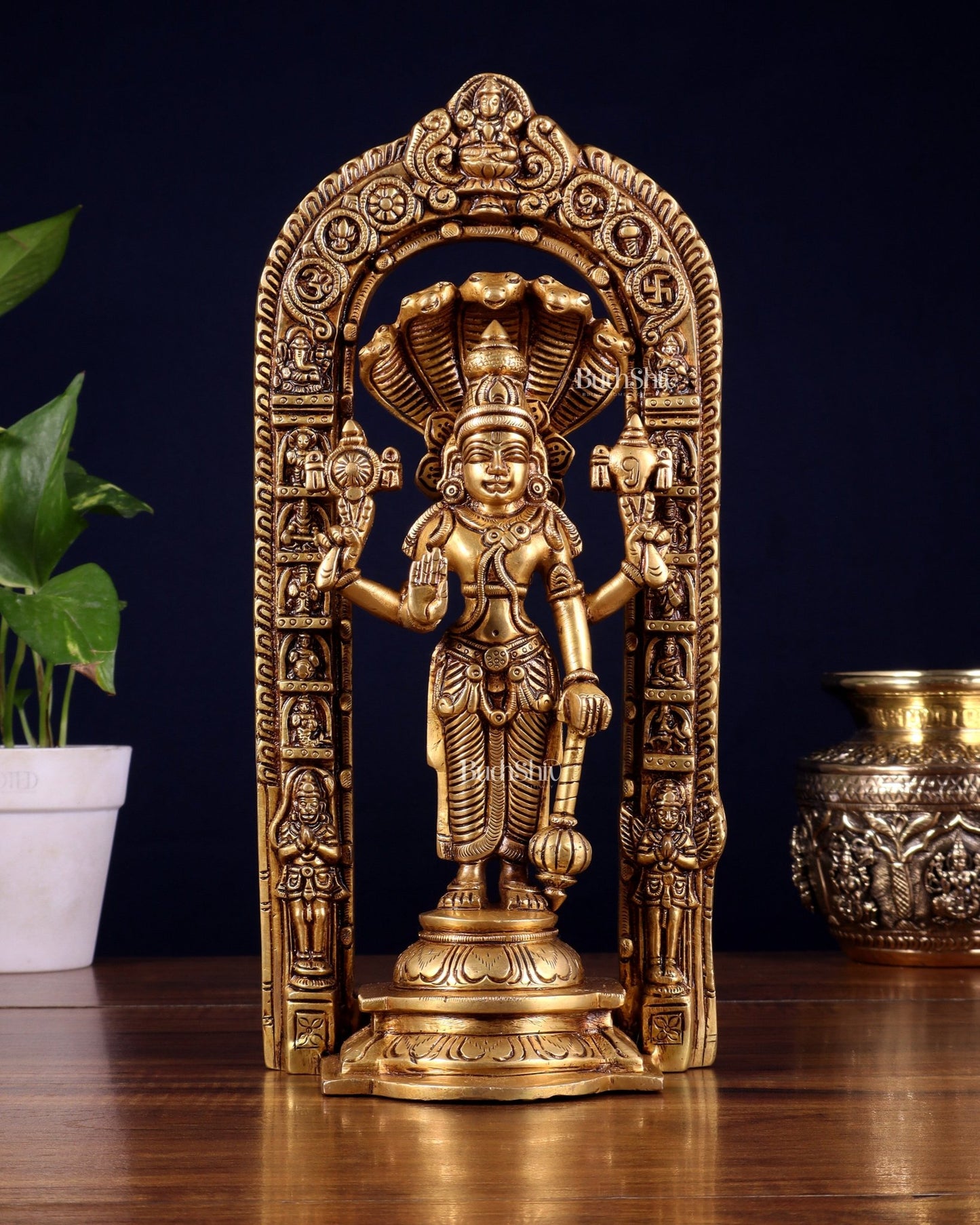 Pure Brass Vishnu with Sheshanaag & Prabhavali Arch 12 inch - Budhshiv.com