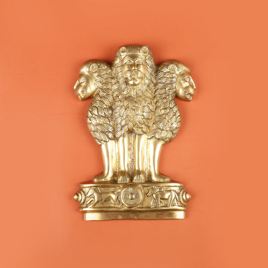 Pure Brass Wall Hanging Ashoka Lion Symbol - 11 Inch - Budhshiv.com
