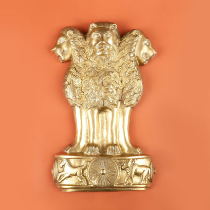 Pure Brass Wall Hanging Ashoka Lion Symbol - 16 Inch - Budhshiv.com