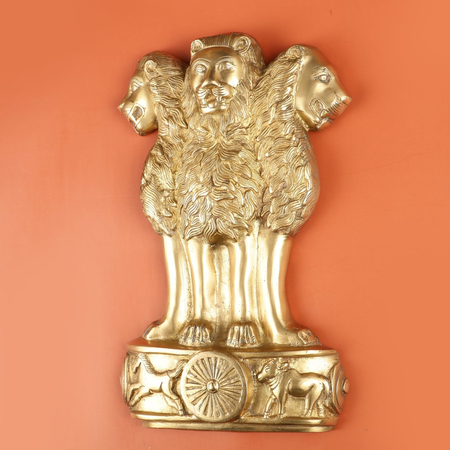 Pure Brass Wall Hanging Ashoka Lion Symbol - 16 Inch - Budhshiv.com