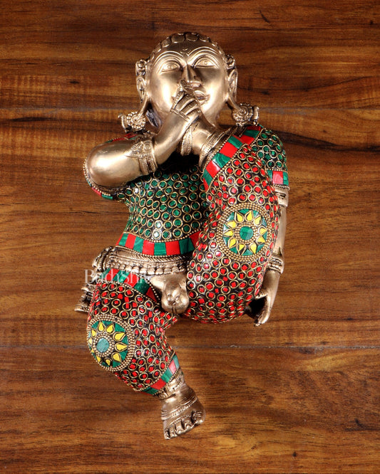Pure Brass Wall Hanging Baby Krishna Statue with stonework - Budhshiv.com