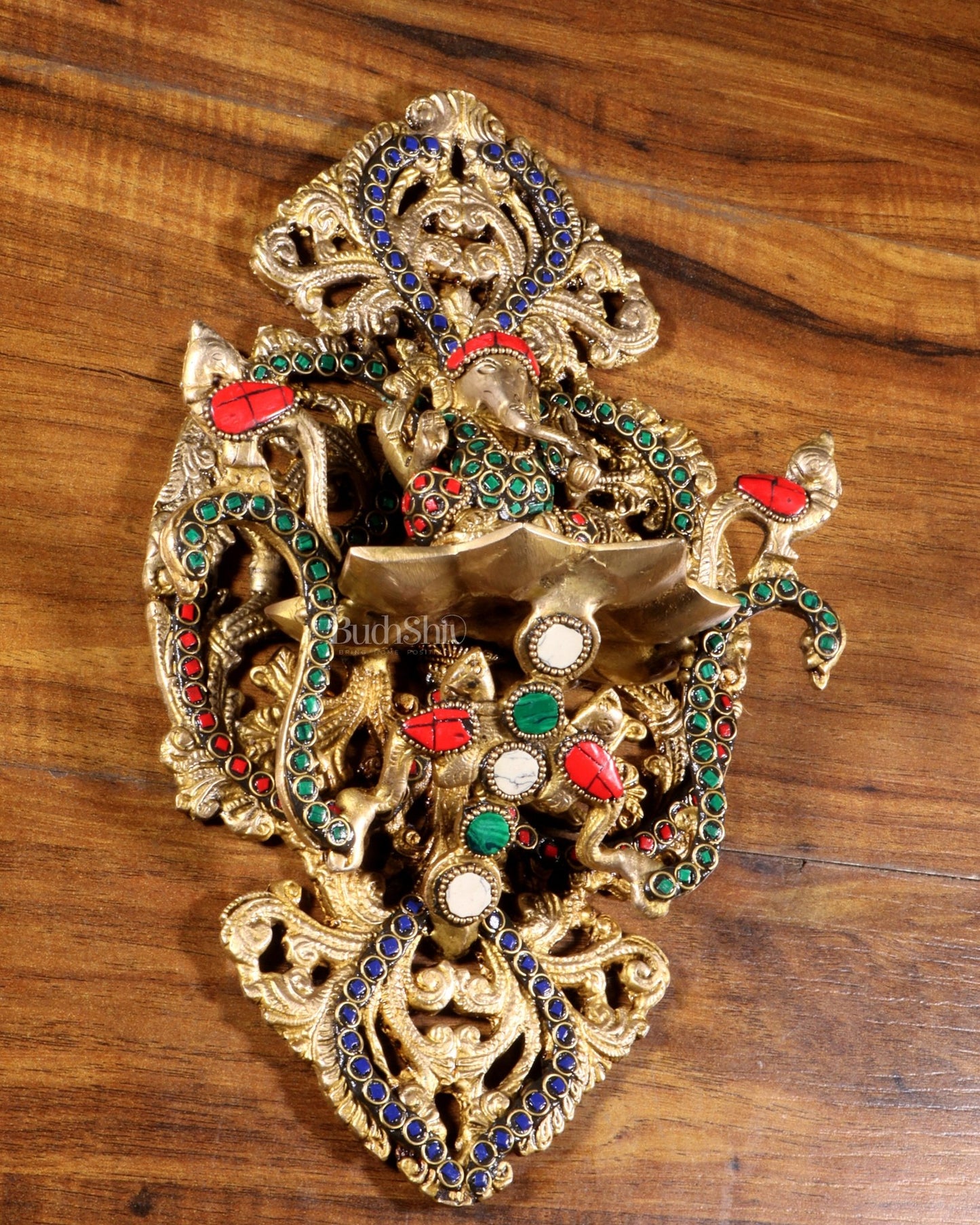 Pure Brass Wall Hanging Ganesha Diya with Stone Inlay – 13 Inches - Budhshiv.com