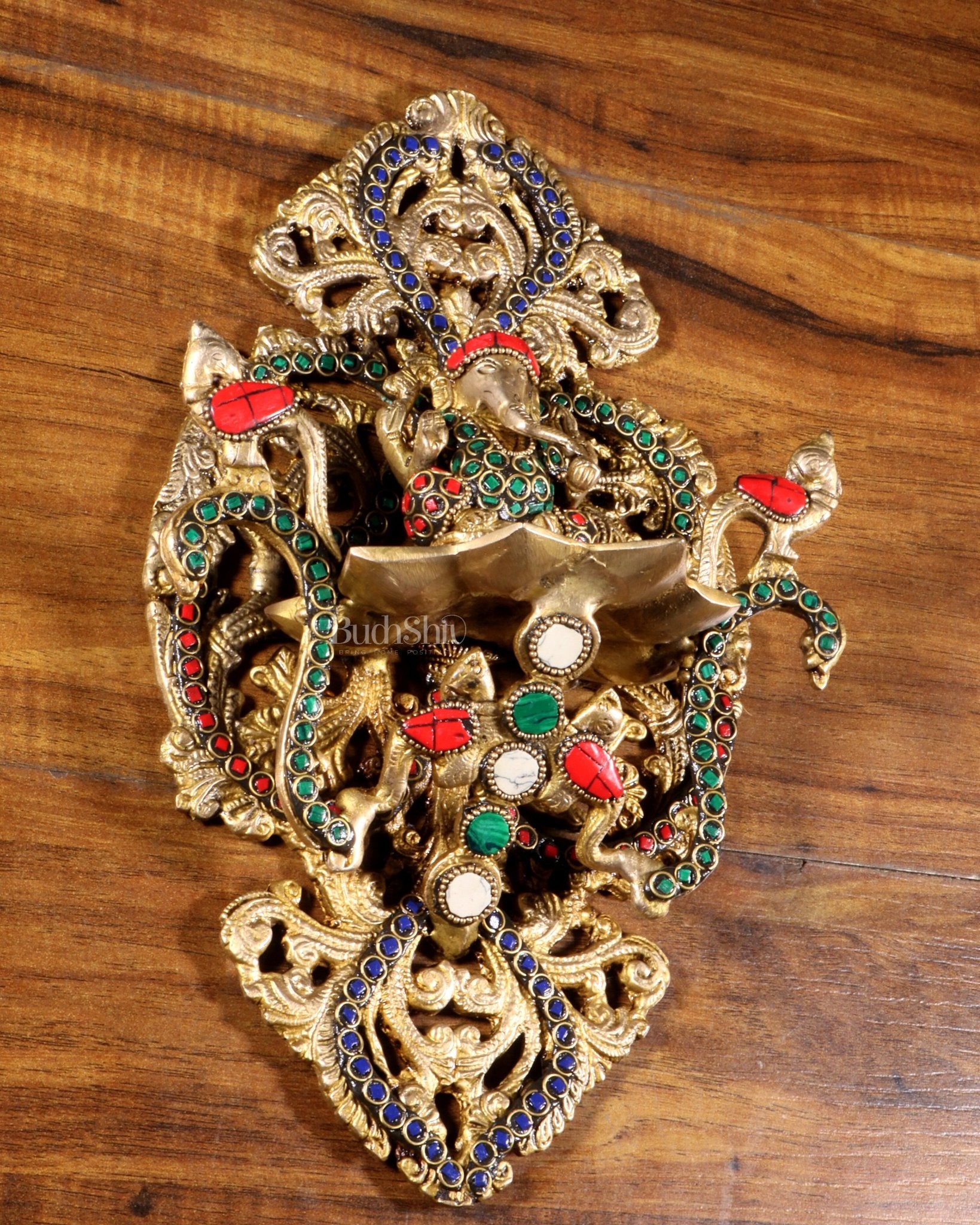 Pure Brass Wall Hanging Ganesha Diya with Stone Inlay – 13 Inches - Budhshiv.com