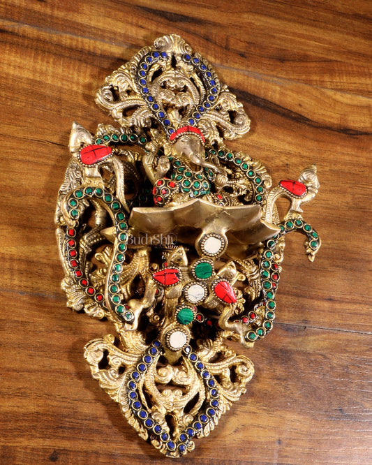Pure Brass Wall Hanging Ganesha Diya with Stone Inlay – 13 Inches - Budhshiv.com