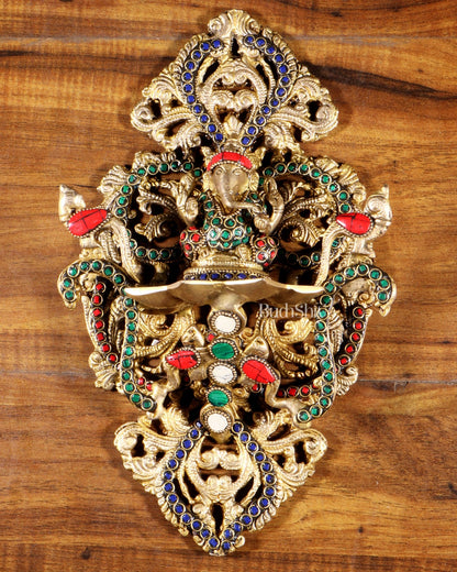Pure Brass Wall Hanging Ganesha Diya with Stone Inlay – 13 Inches - Budhshiv.com
