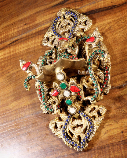 Pure Brass Wall Hanging Ganesha Diya with Stone Inlay – 13 Inches - Budhshiv.com
