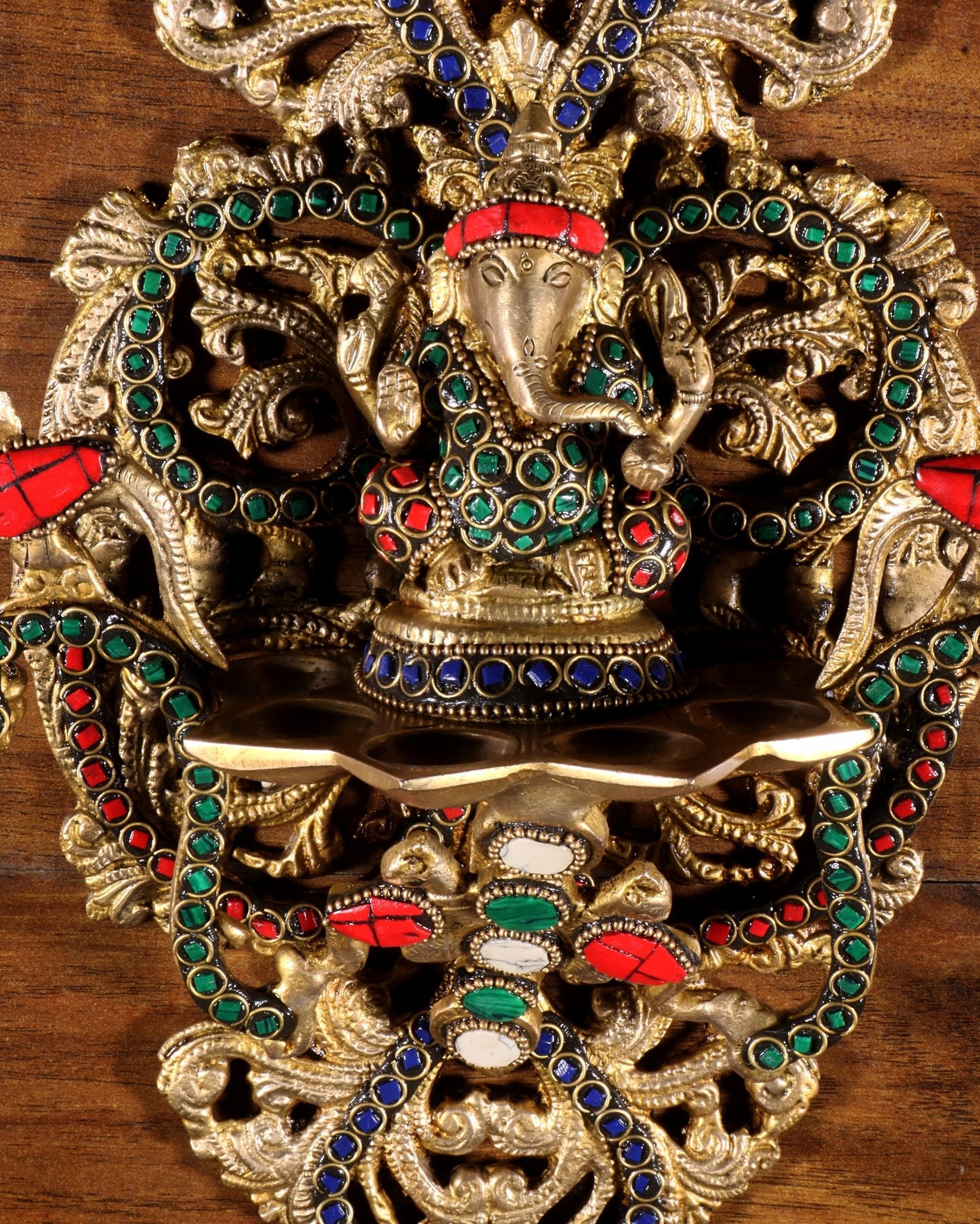 Pure Brass Wall Hanging Ganesha Diya with Stone Inlay – 13 Inches - Budhshiv.com