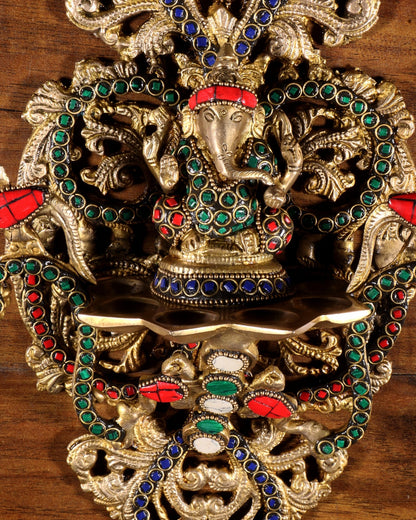 Pure Brass Wall Hanging Ganesha Diya with Stone Inlay – 13 Inches - Budhshiv.com
