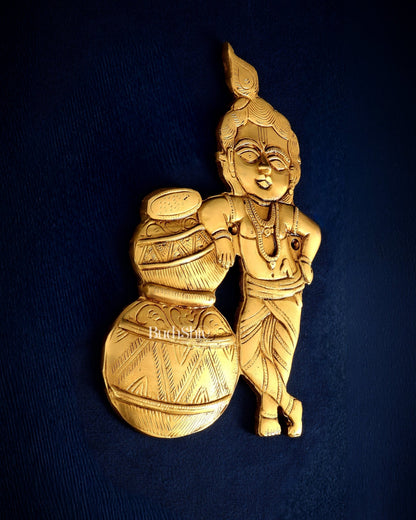 Pure Brass Wall Hanging Makhan Chor Statue – Krishna in Mischief 10" - Budhshiv.com