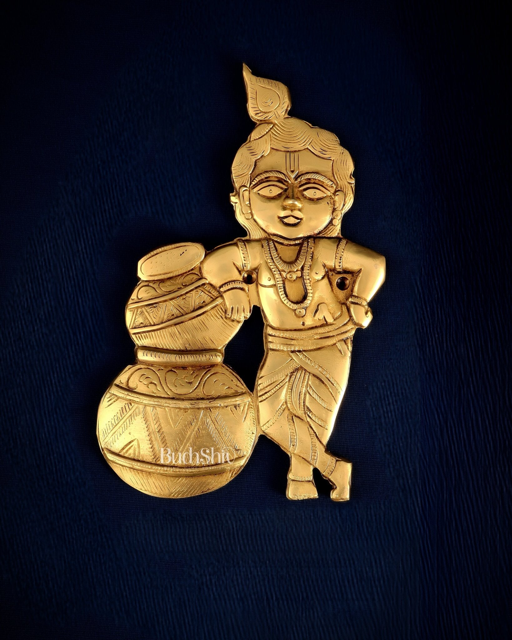 Pure Brass Wall Hanging Makhan Chor Statue – Krishna in Mischief 10" - Budhshiv.com