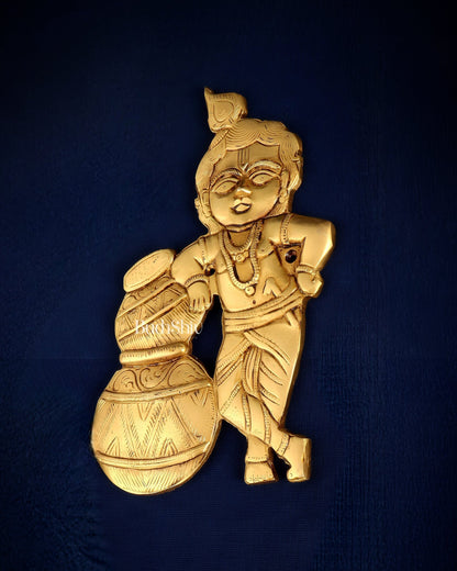 Pure Brass Wall Hanging Makhan Chor Statue – Krishna in Mischief 10" - Budhshiv.com
