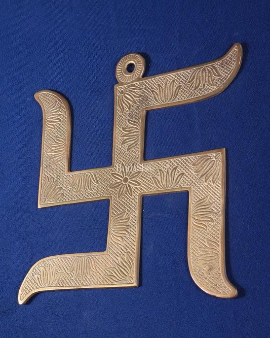 Pure Brass Wall Hanging Swastik with Lotus Carvings - Budhshiv.com