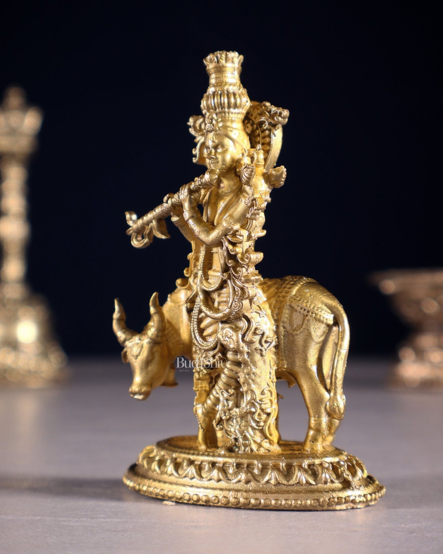 Pure Bronze Krishna with Cow Idol | 3.5" (8.9 cm) Panchaloha - Budhshiv.com