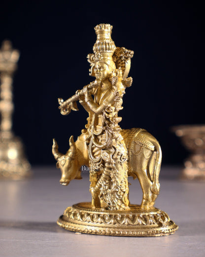 Pure Bronze Krishna with Cow Idol | 3.5" (8.9 cm) Panchaloha - Budhshiv.com