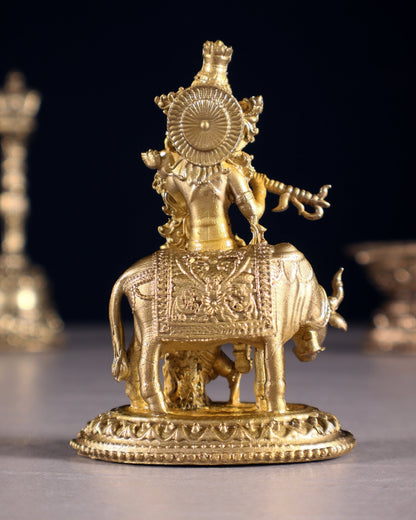 Pure Bronze Krishna with Cow Idol | 3.5" (8.9 cm) Panchaloha - Budhshiv.com