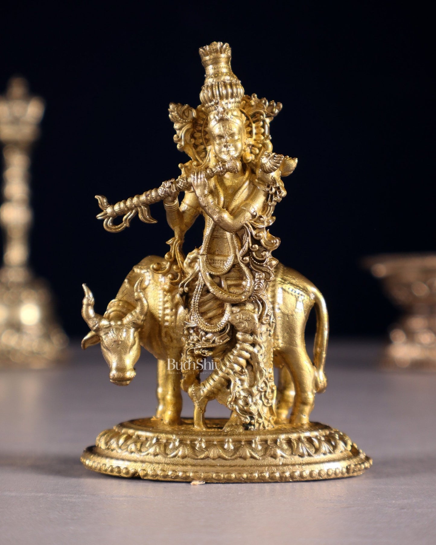 Pure Bronze Krishna with Cow Idol | 3.5" (8.9 cm) Panchaloha - Budhshiv.com