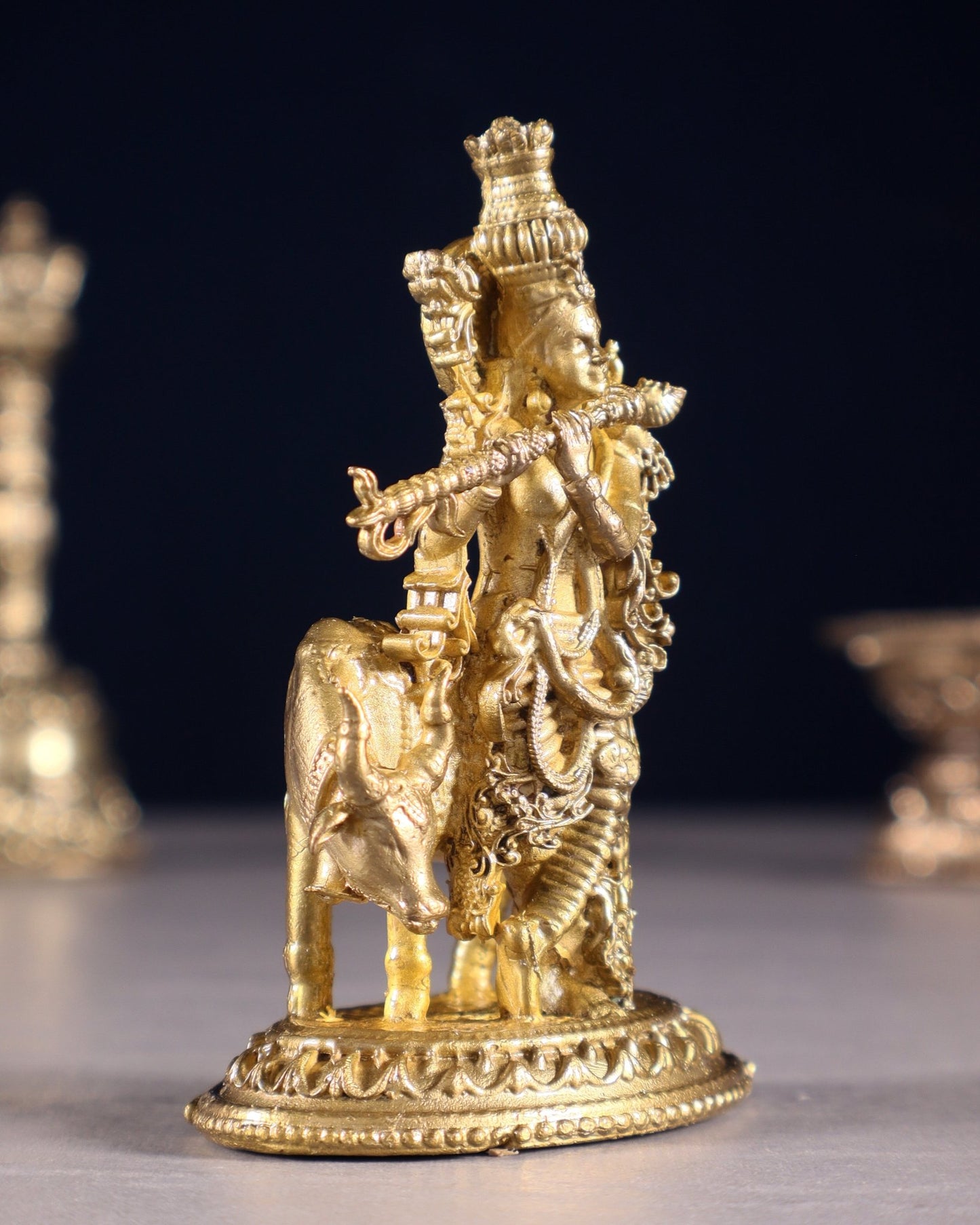 Pure Bronze Krishna with Cow Idol | 3.5" (8.9 cm) Panchaloha - Budhshiv.com