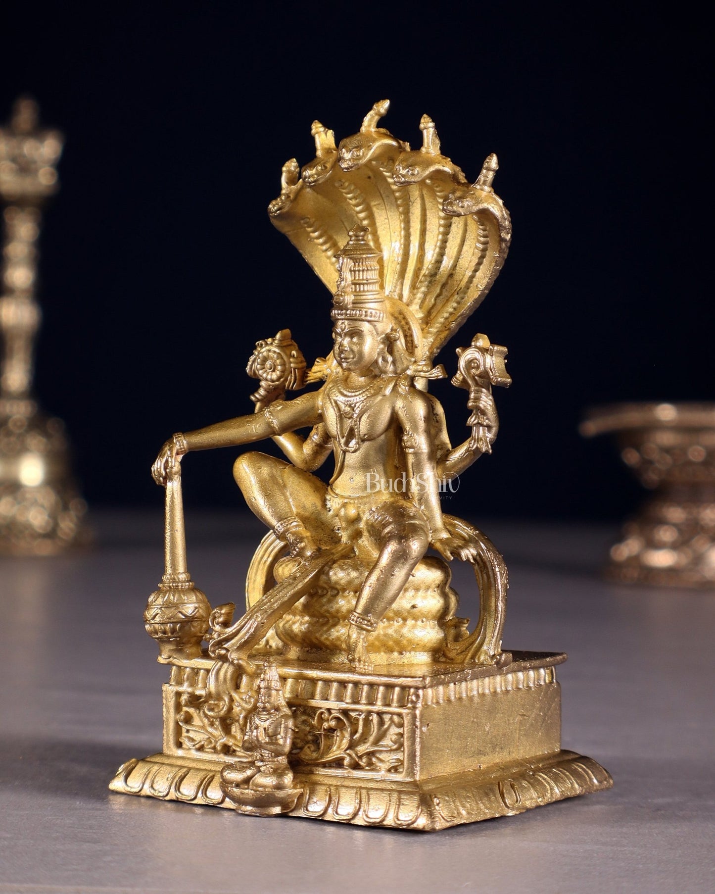 Pure Bronze Lord Vishnu Idol Under Sheshnaag | 3.5" Panchaloha idol - Budhshiv.com