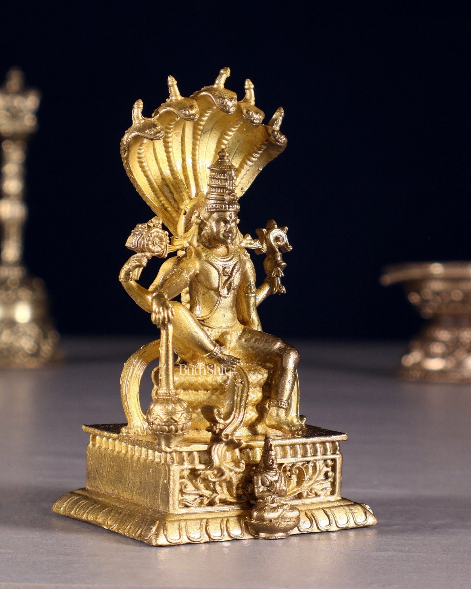 Pure Bronze Lord Vishnu Idol Under Sheshnaag | 3.5" Panchaloha idol - Budhshiv.com