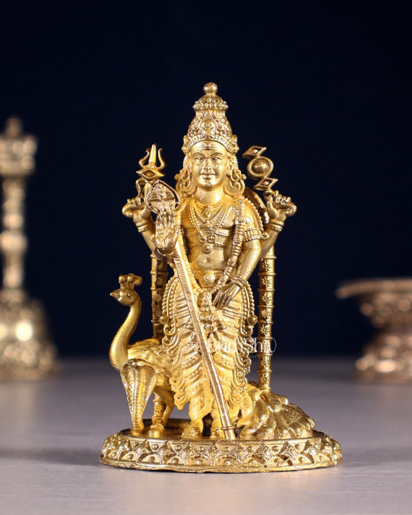 Pure Bronze Murugan with Peacock Idol | 3.5" (8.9 cm) Panchaloha Statue - Budhshiv.com