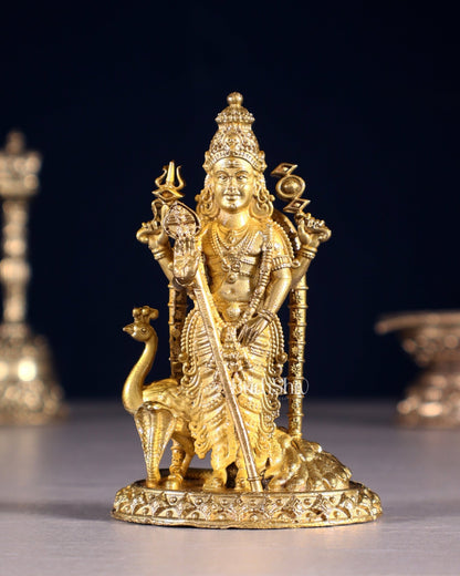 Pure Bronze Murugan with Peacock Idol | 3.5" (8.9 cm) Panchaloha Statue - Budhshiv.com