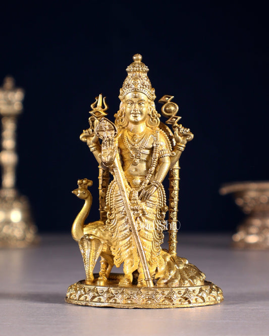 Pure Bronze Murugan with Peacock Idol | 3.5" (8.9 cm) Panchaloha Statue - Budhshiv.com