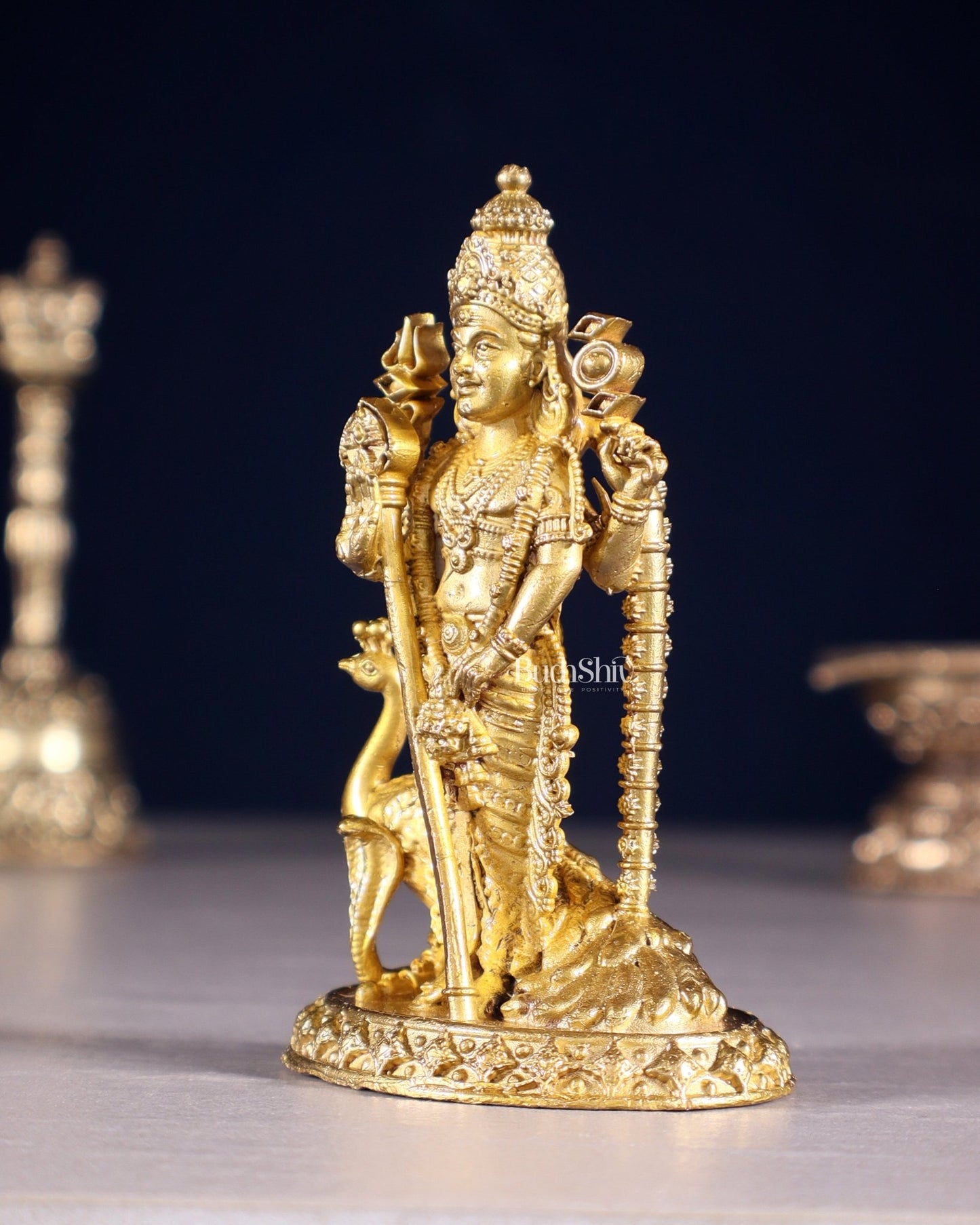 Pure Bronze Murugan with Peacock Idol | 3.5" (8.9 cm) Panchaloha Statue - Budhshiv.com