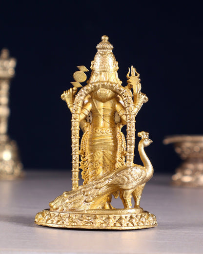 Pure Bronze Murugan with Peacock Idol | 3.5" (8.9 cm) Panchaloha Statue - Budhshiv.com