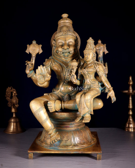 Pure Bronze Narasimha Lakshmi Statue – Vintage Chola Patina 18.5" - Budhshiv.com