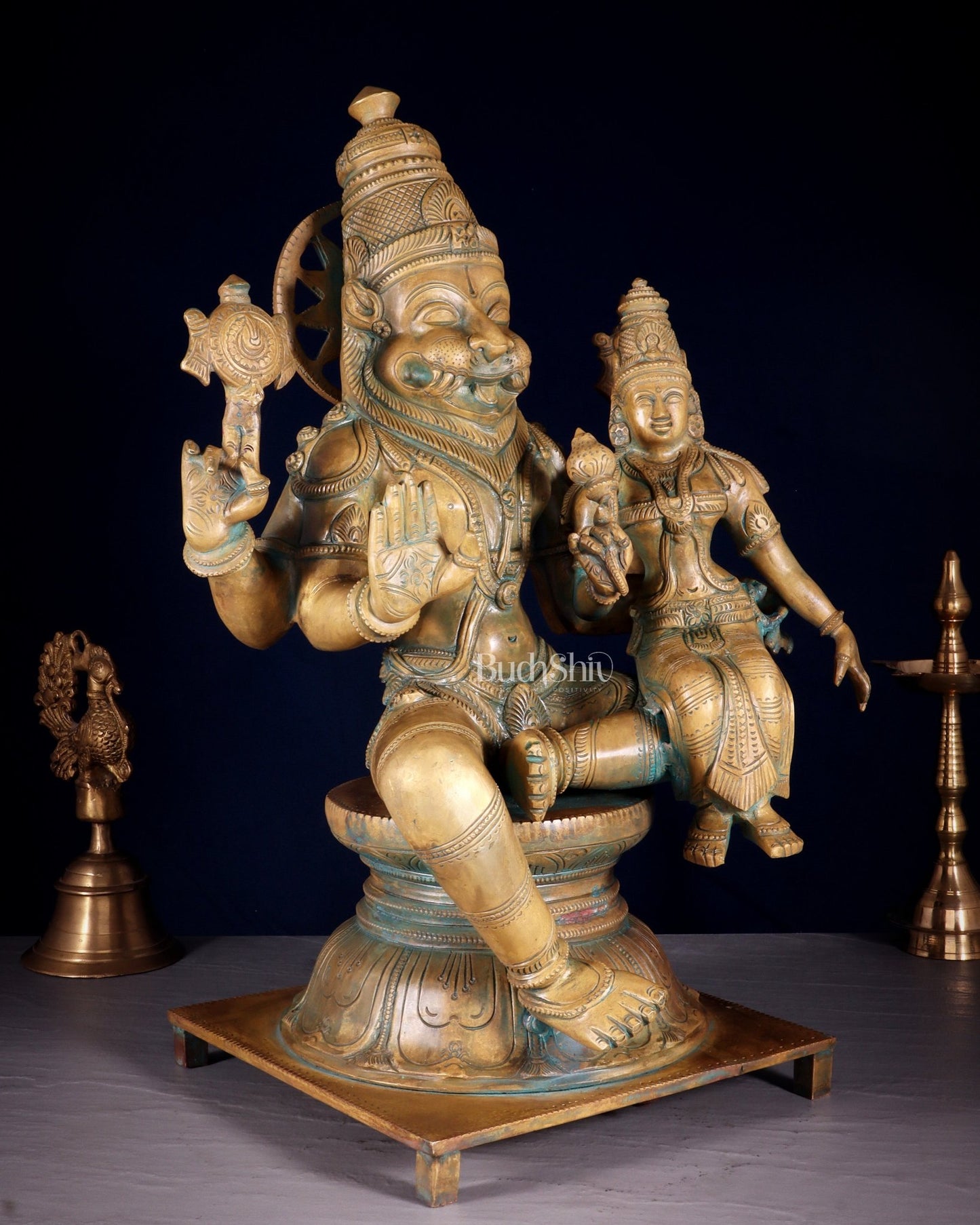 Pure Bronze Narasimha Lakshmi Statue – Vintage Chola Patina 18.5" - Budhshiv.com