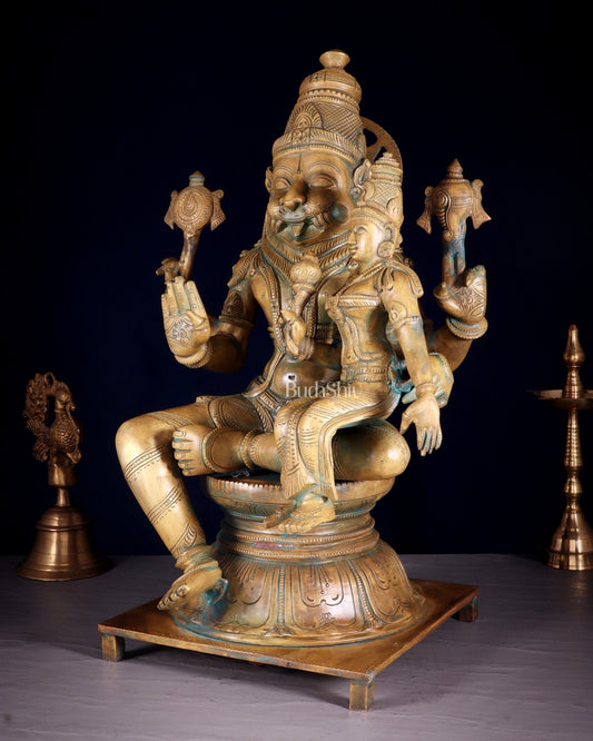 Pure Bronze Narasimha Lakshmi Statue – Vintage Chola Patina 18.5" - Budhshiv.com