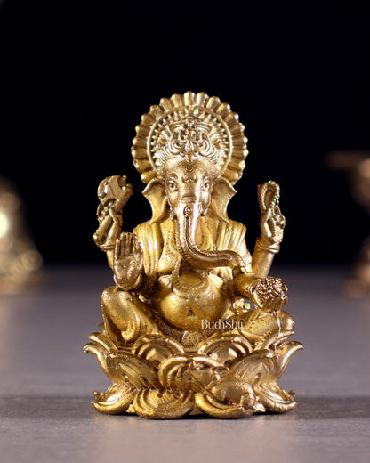 Pure Bronze Panchaloha Miniature Lord Ganesha on Lotus – 1.5" - Budhshiv.com