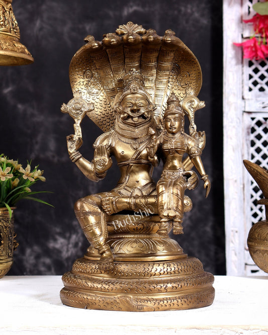 Pure Bronze Panchaloha Narasimha Lakshmi Sculpture - 12 inch - Budhshiv.com