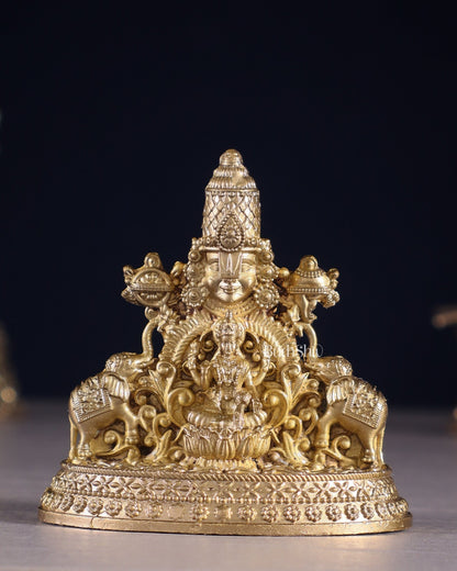 Pure Bronze Panchaloha Tirupati Balaji Face with Goddess Gajalakshmi – 3" - Budhshiv.com