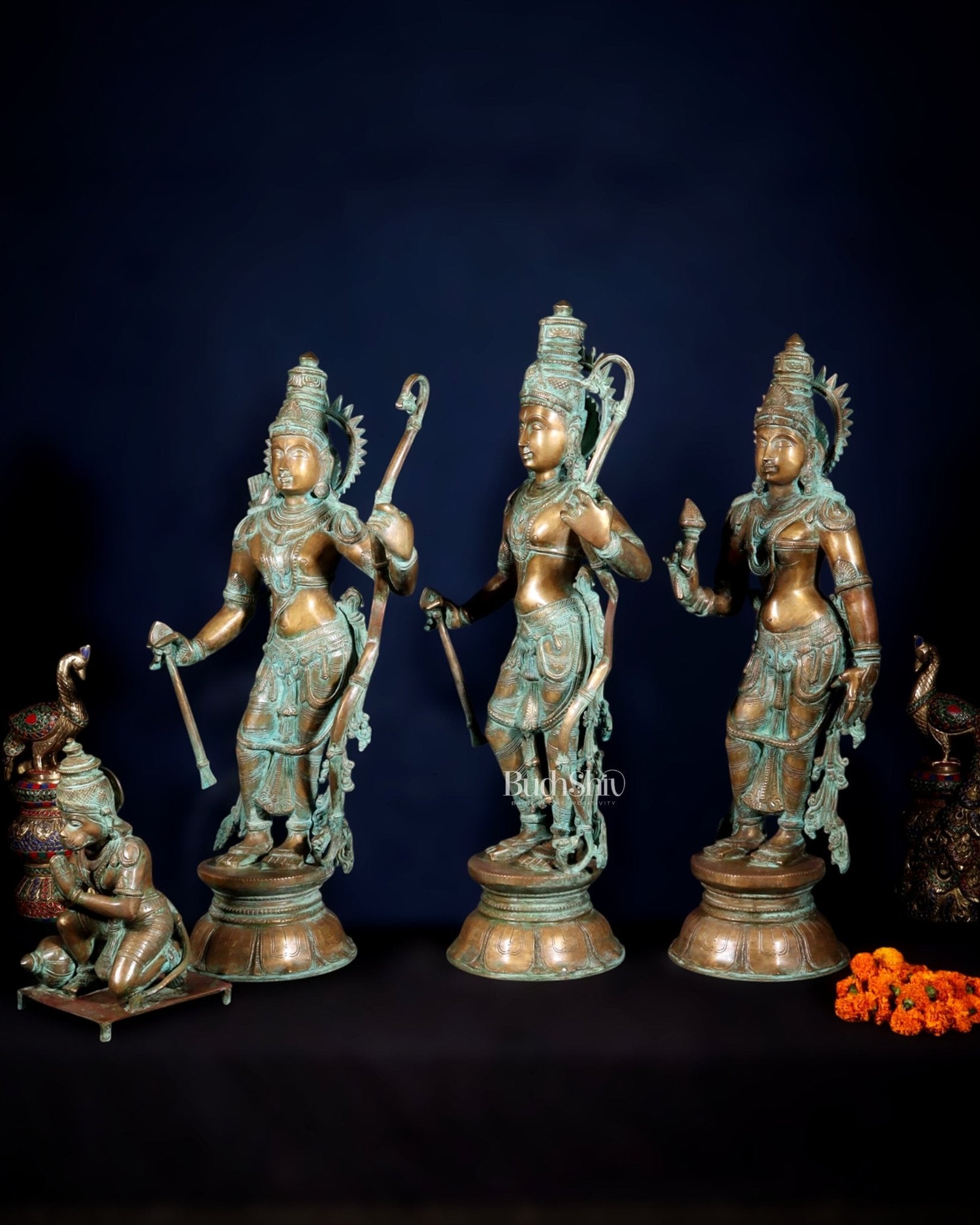 Pure Bronze Ramar Set (Ram Darbar) – Vintage Chola Patina 29", 85 kgs. - Budhshiv.com