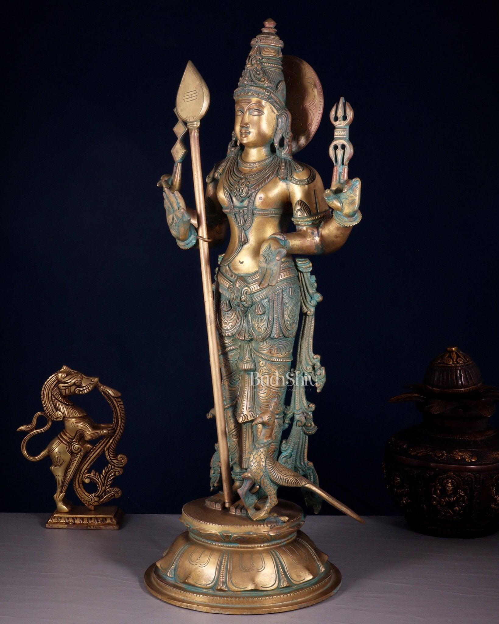 Pure Bronze Standing Murugan / Kartikeya / Kumaraswamy Sculpture – Chola Patina Finish 26.5" - Budhshiv.com