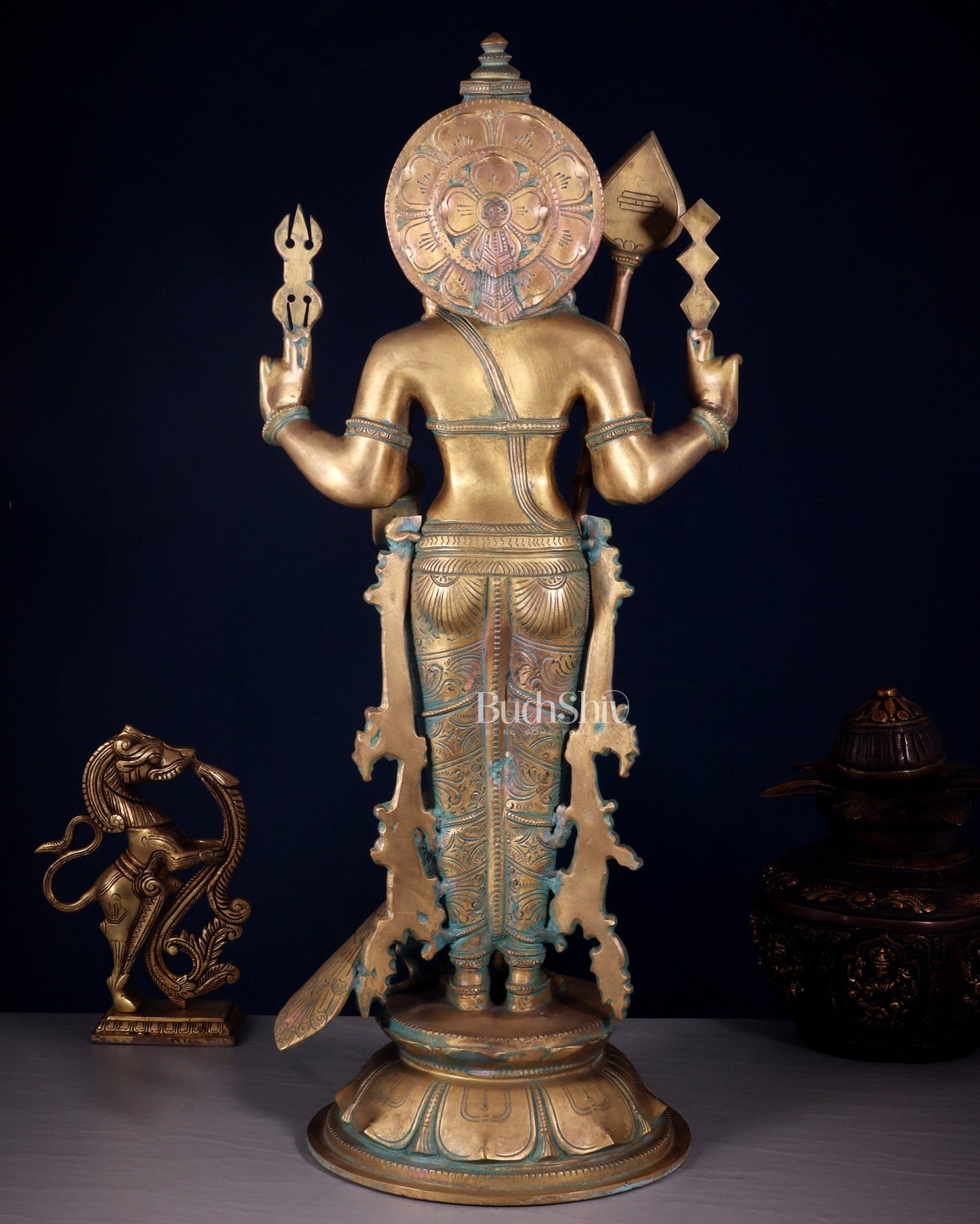 Pure Bronze Standing Murugan / Kartikeya / Kumaraswamy Sculpture – Chola Patina Finish 26.5" - Budhshiv.com