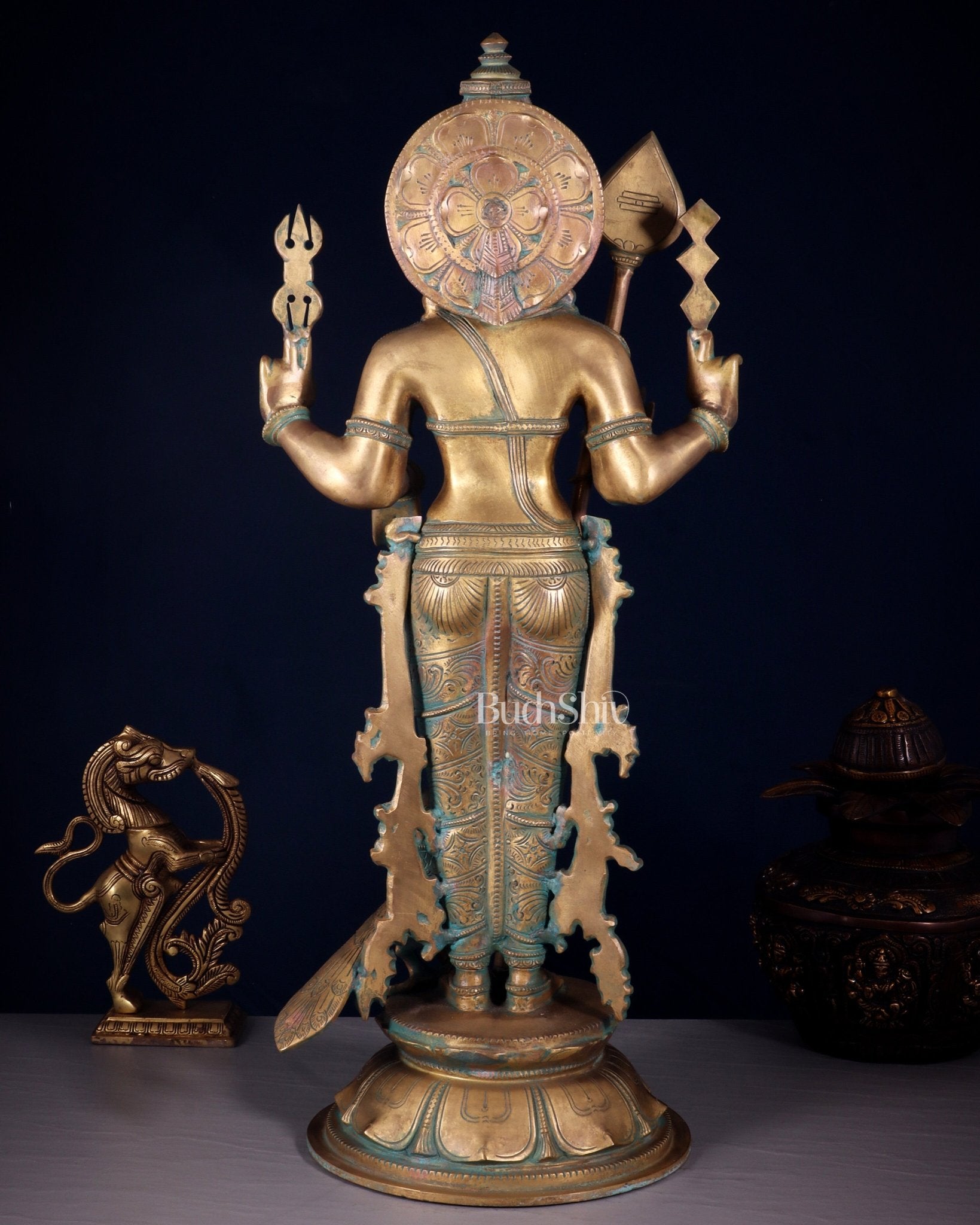 Pure Bronze Standing Murugan / Kartikeya / Kumaraswamy Sculpture – Chola Patina Finish 26.5" - Budhshiv.com