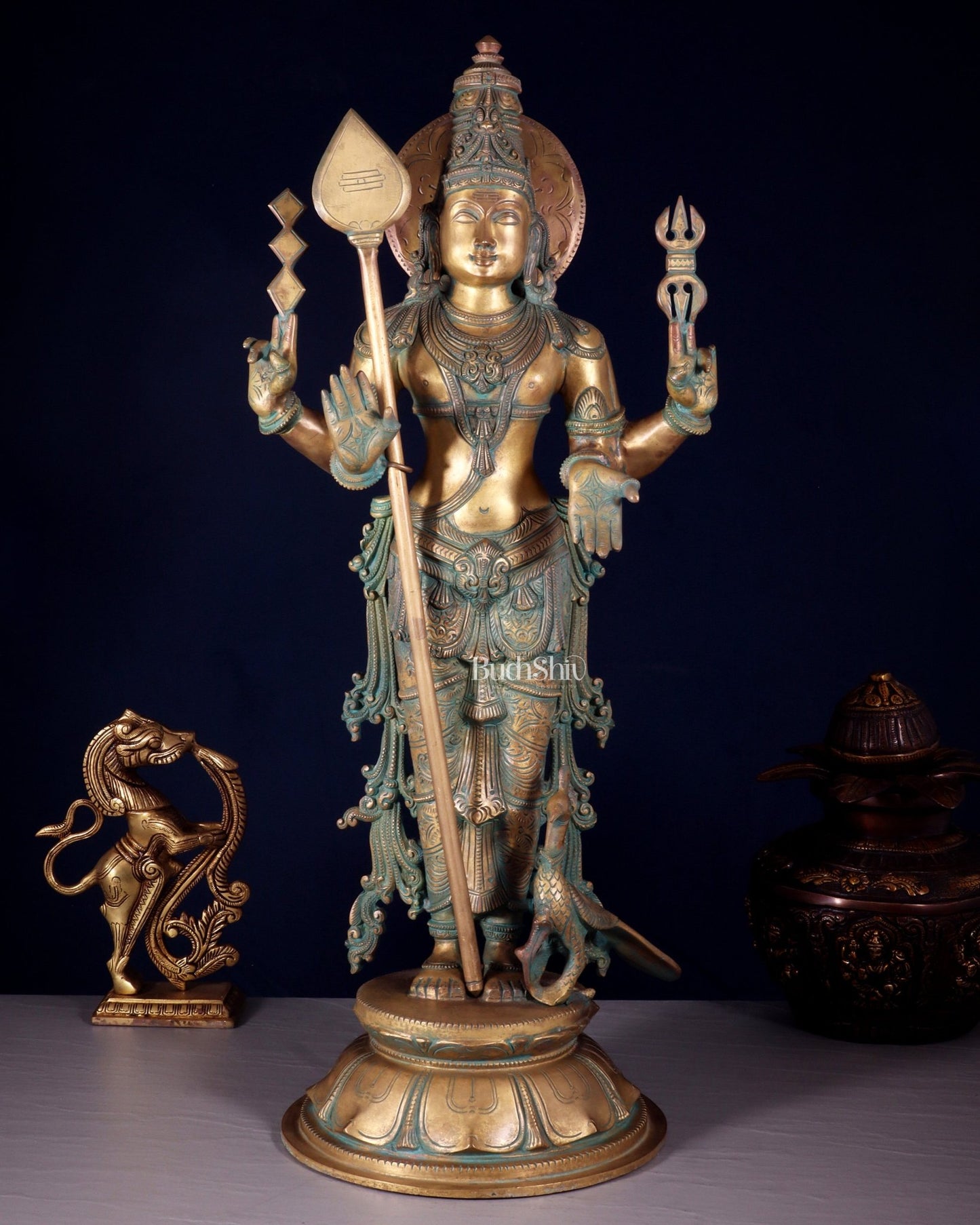 Pure Bronze Standing Murugan / Kartikeya / Kumaraswamy Sculpture – Chola Patina Finish 26.5" - Budhshiv.com