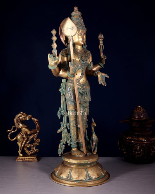 Pure Bronze Standing Murugan / Kartikeya / Kumaraswamy Sculpture – Chola Patina Finish 26.5" - Budhshiv.com