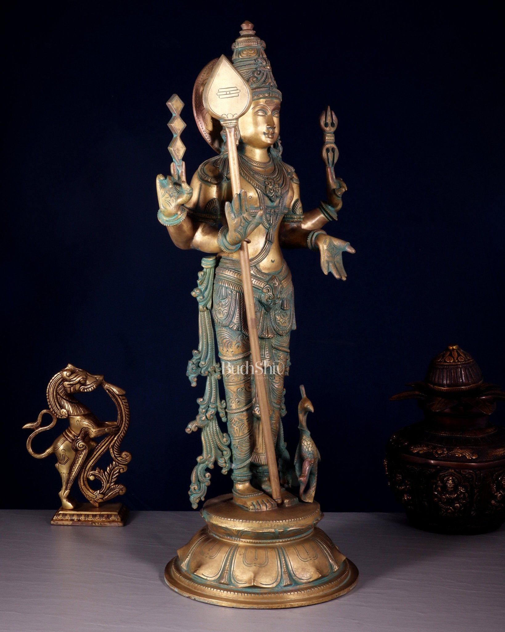 Pure Bronze Standing Murugan / Kartikeya / Kumaraswamy Sculpture – Chola Patina Finish 26.5" - Budhshiv.com