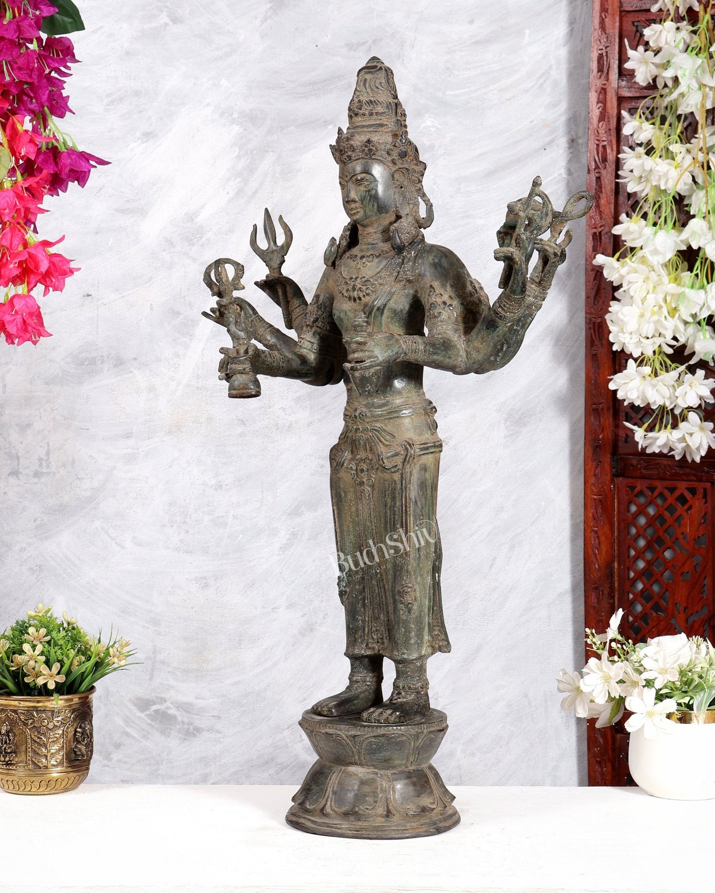 Pure Bronze Ugra Shiva Standing with Eight Arms – 26 Inch Indonesian Art Sculpture - Budhshiv.com