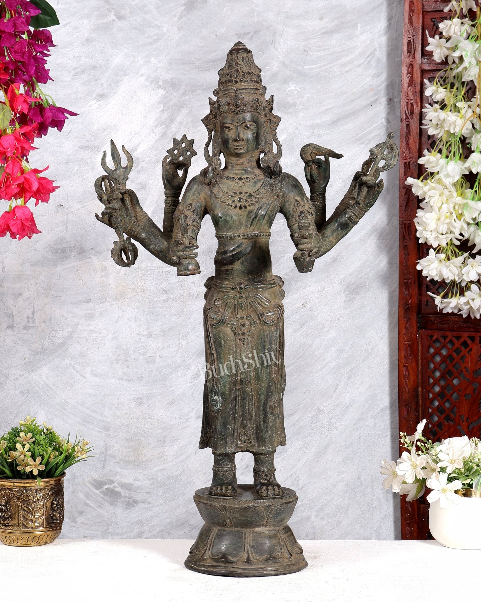 Pure Bronze Ugra Shiva Standing with Eight Arms – 26 Inch Indonesian Art Sculpture - Budhshiv.com