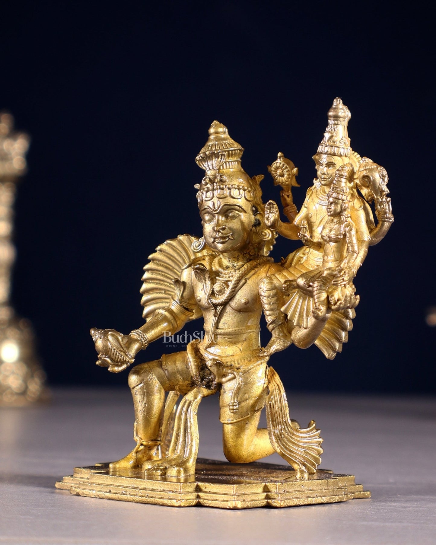 Pure Bronze Vishnu Lakshmi on Garuda Idol | 3.5" (8.9 cm) Panchaloha Statue - Budhshiv.com