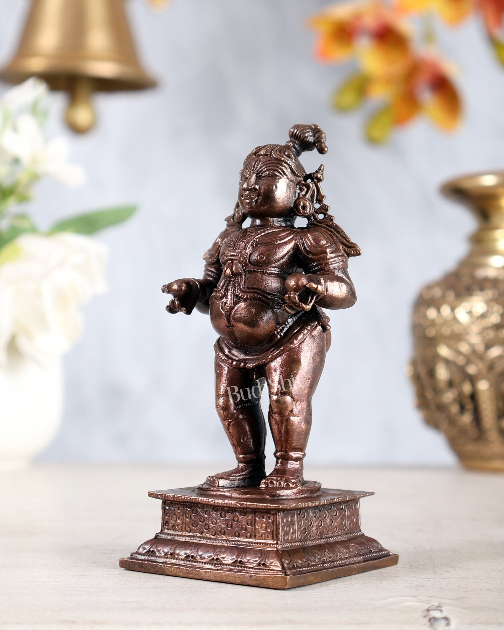 Pure Copper Bal Gopal Baby Krishna Idol Holding Butter Balls 4.5" - Budhshiv.com