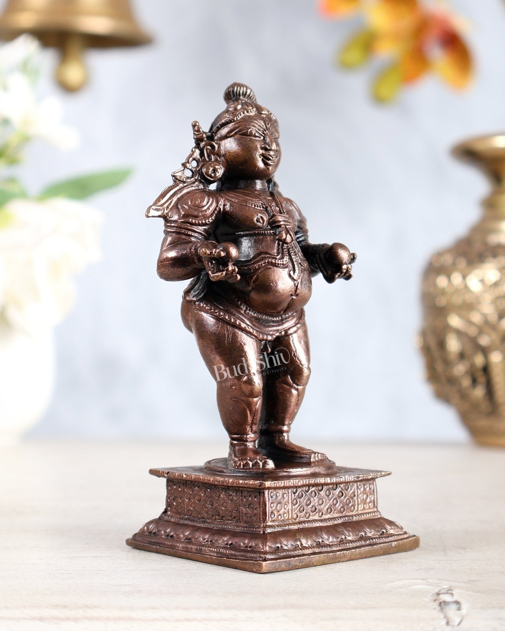 Pure Copper Bal Gopal Baby Krishna Idol Holding Butter Balls 4.5" - Budhshiv.com